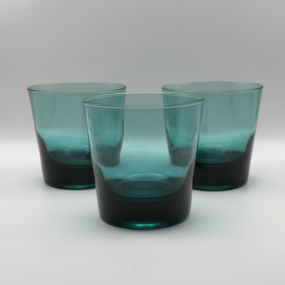Set 3 Turquoise Teal Heavy Base Rocks Lowball Old Fashioned  Glasses 3¼″ 70s Vtg
